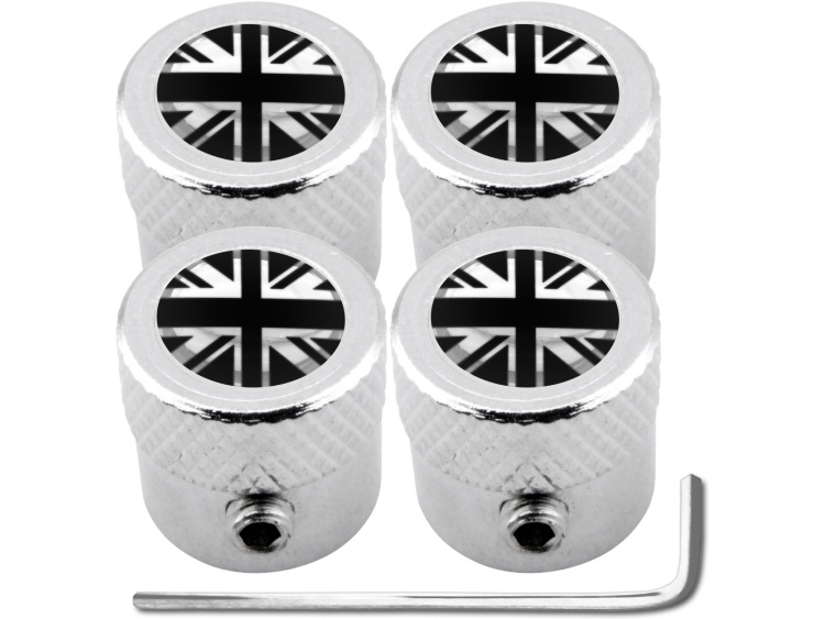 4 tapones de valvula antirrobo Inglaterra Reino Unido Ingles Gran Bretana Jack negro & cromo "estriado"